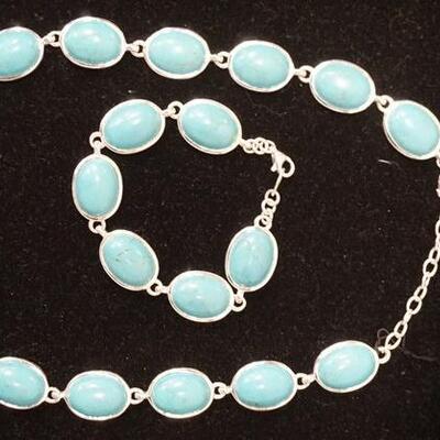 1005	MATCHING BRACELET, NECKLACE & TWO PAIRS OF EARRINGS WITH TURQUOISE & STERLING SILVER CLASP AND LINKS/TRIM COMBINED WEIGHT OF ALL...