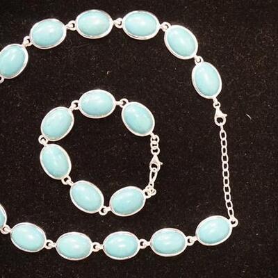 1006	MATCHING BRACELET, NECKLACE & TWO PAIRS OF EARRINGS W/ TURQUOISE  & STERLING SILVER CLASP & LINKS/TRIM COMBINED WEIGHT OF ALL...
