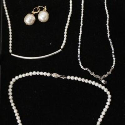 1008	LOT OF THREE STERLING SILVER & PEARL NECKLACES & ONE PAIR OF EARRINGS THE COMBINED WEIGHT OF ALL INCLUDING PEARLS IS 1.65 TROY OUNCES 
