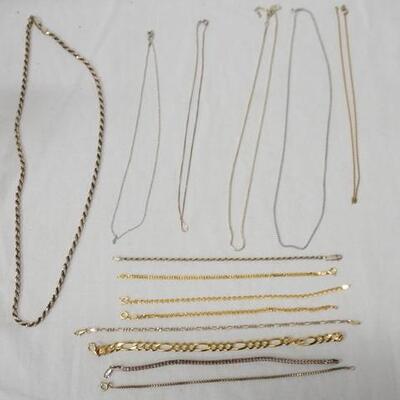 1019	LOT OF EIGHT STERLING SILVER BRACELETS, A NECKLACE & FIVE CHAINS COMBINED WEIGHT OF ALL IS 2.75 TROY OUNCES 
