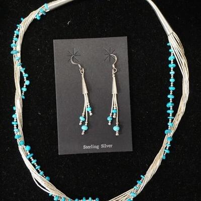 1007	MATCHING STERLING SILVER NATIVE AMERICAN CRAFTS NECKLACE & EARRINGS W/ BLUE BEADS COMBINED WEIGHT INCLUDING BEADS IS 0.97 TROY OUNCES 
