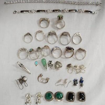 1018	LOT OF STERLING SILVER JEWELERY INCLUDING  EIGHT PAIRS OF EARRINGS (PLUS ONE EARRING MISSING MATCH) FOUR PENDANTS, TWO BRACELETS &...