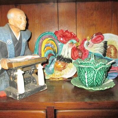 Vintage Mid-Century Glazed Clay Chinese Statue ~ Majolica Cabbage Lettuce Ware & Vintage Rooster Plates  