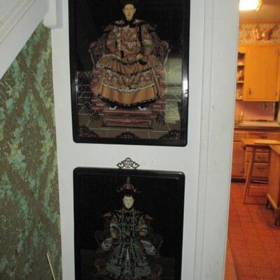 Pair Antique Chinese Reverse Painted Glass Portrait Imperial Emperor & Empress