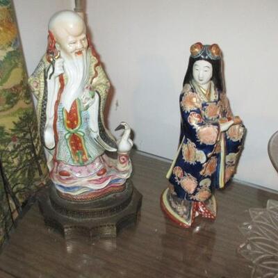 Chinese Antique Porcelain Figure Of God Of Longevity with Vintage Porcelain Kutani Smiling Geisha Woman Hand-Painted Statue