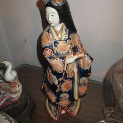 Vintage Porcelain Kutani Smiling Geisha Woman Hand-Painted Statue  