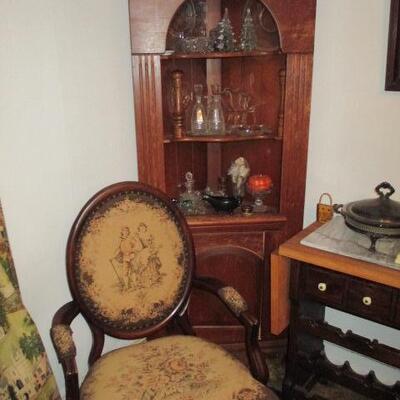 Vintage Early 19th Century King Louis XVI Style Accent Chair ~ Corner Shelving with Bottom Cabinet 