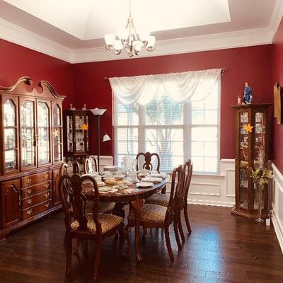 Lexington Furniture - Dining room table and chairs - $500
China cabinet - $500
Brand unknown for curio cabinets - $225 each