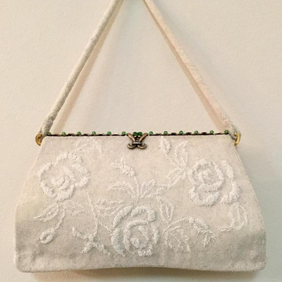 This Marguerite Fresse White Micro Beaded Floral bag  is available for purchase at https://scavengersparadiseestatesales.com    