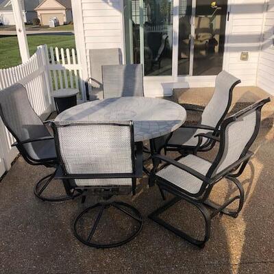 Outdoor Decorative Cement Table, 6 chair set and cooler Table