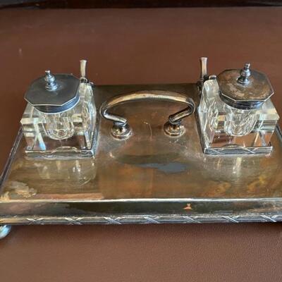 1800s James Deakin & Sons silver plate inkwell set