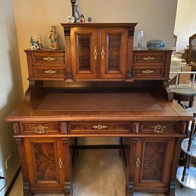 European style burled walnut & mahogany leather top antique pedastal desk w/hutch