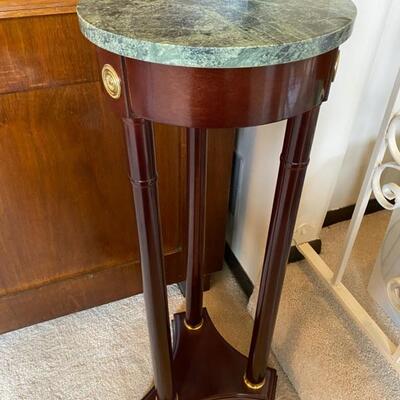 Bombay Co. green marble top cherry wood Neo classic pedestal table 