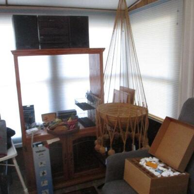 Shelf, interesting macrame, barely used small lift chair.