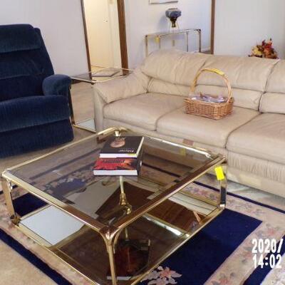 Plush area rug, Distinction Leather Sofa & Brass & Glass Coffee Table