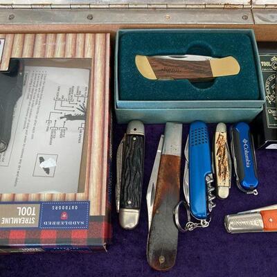 Variety of brand knives: Hen & Roosters, Cutco, Buck, Old Timer