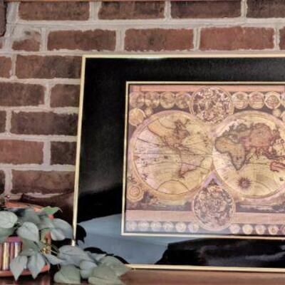 Framed world map and accessories