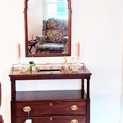 Mahogany two drawer cabinet (used as a vanity but could also be a server) with mirror