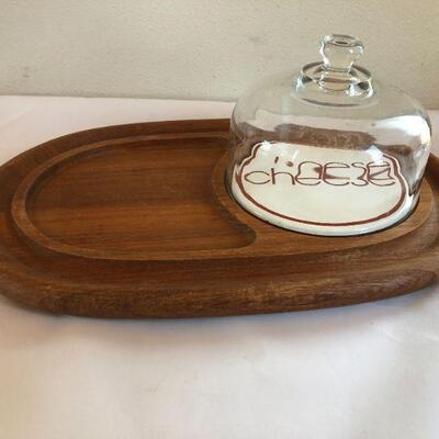Vintage Goodwood Teak Cheese Tray with Glass Bell Jar