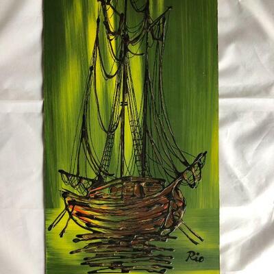 Mid Century Original Boat Oil Painting by Rio