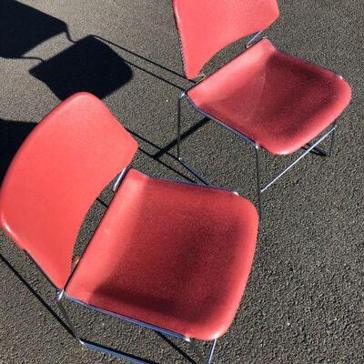 Pair of Red Mid Century Krueger Stacking Chrome Chairs 