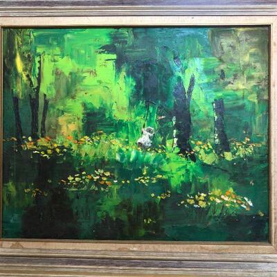 Mid Century Original Oil Painting - Green - Girl on Swing