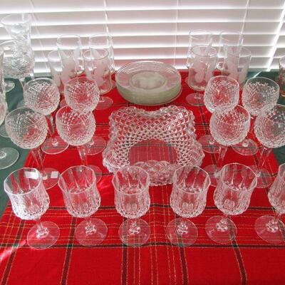 Neiman Marcus - frosted butterfly glassware & plates,  Crystal glassware.