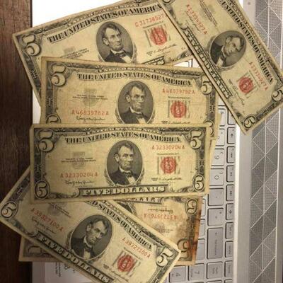 LAR4009 $5 US Red Seal Demand Note $15 ea or 5 at $14.50 each US shipping $8 (50 available)

Ages Ago Estate Sales Eastbank / NOLA...