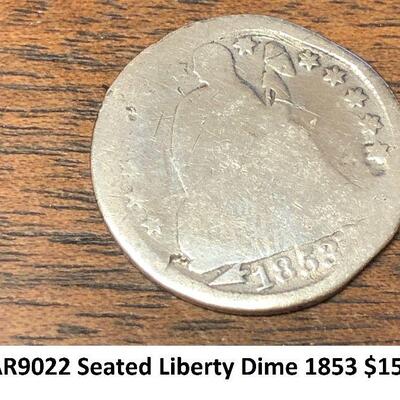 LAR9022 Seated Liberty Dime 1853 $15