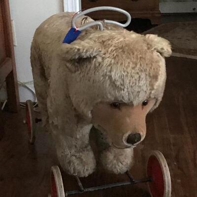 Vintage Steiff Mohair Teddy Bear on Wheels - Bear Facts: Steiff Germany circa 1950's, ear tag, steering rod replaced and growler....