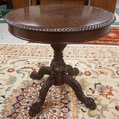 1102	MAHOGANY CLAW FOOT TABLE HAS CARVED TOP RIM & CARVED PEDESTAL 30 IN DIAMTER 29 1/2 IN H 	100	200	50	PLEASE PAY ATTENTION FOR DAILY...