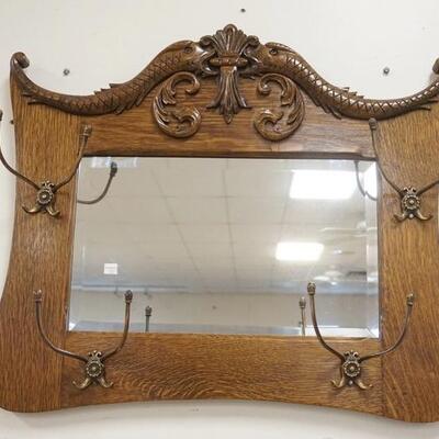 1050	CARVED OAK HALL MIRROR W/ HOOKS, MIRROR IS BEVELED. 30 IN X 25 IN  	70	150	25	PLEASE PAY ATTENTION FOR DAILY ADDITIONS TO THIS SALE....