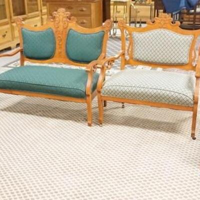 1046	FOUR PIECE CARVED VICTORIAN PALOR SUITE W/ LOVE SEAT, EXTRA WIDE CHAIR, PLATFORM ROCKER & AN ARM CHIAR. LOVE SEAT IS 47 1/4 IN W...