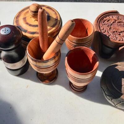 salt and pepper $8 wooden cups $2 each covered bowls large $5 small $4 coasters $6