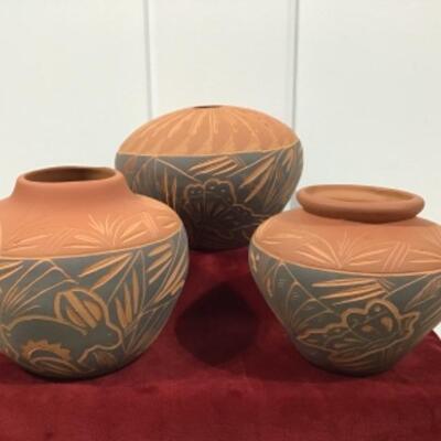 Carved Navajo pottery trio