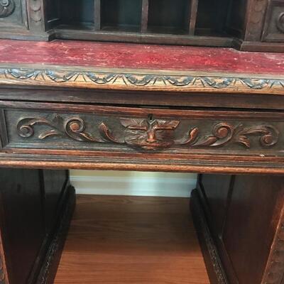 Antique 1880's hand carved Scottish desk with original leather inlaid top $1,650