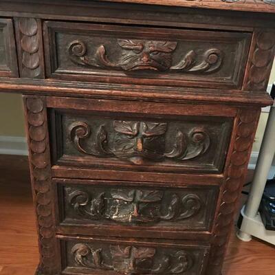 Antique 1880's hand carved Scottish desk with original leather inlaid top $1,650