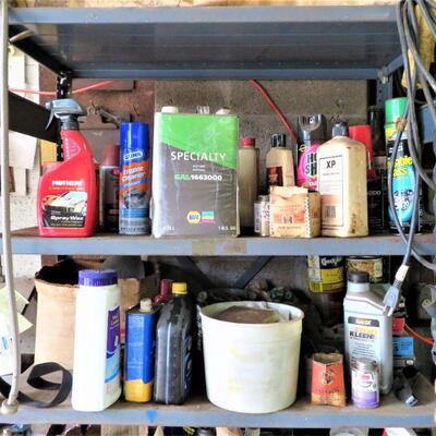 Metal Shelf with contents - Paint, Cleaners, Misc