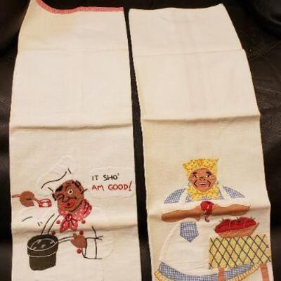 1940's Authentic vintage Black Folk Art Linen Kitchen towels