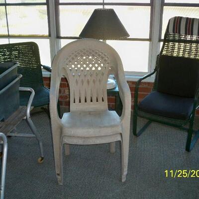 Plastic chairs ; More pieces of the Vintage Lloyd Flanders Aluminum Loom Patio Bouncy Low back chair and High Back Bouncy Chair.