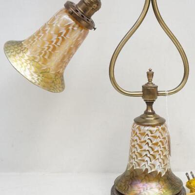 Antique American 1920s Table Lamp with Lustre Art Company Glass Shade and Base. Shade has a gold Iridescent Interior with Gold and White...