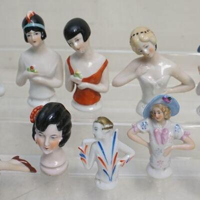 Ten (10) Vintage 1920-30s German Porcelain Half Dolls. Good Condition. Tallest 3 inch. 