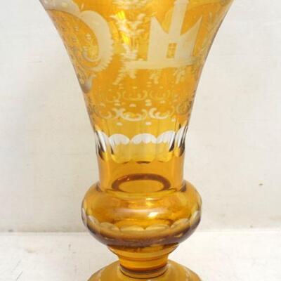 A fine Bohemian cut and etched amber glass vase. Good condition. Measures 5 3/4