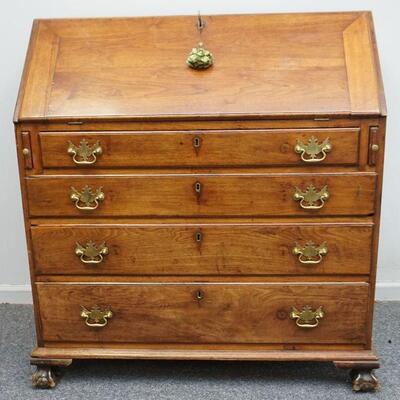 18th c Chippendale slant front desk, mahogany ball and claw, interior prospect door, 6 pigeon holes over 6 drawers. 