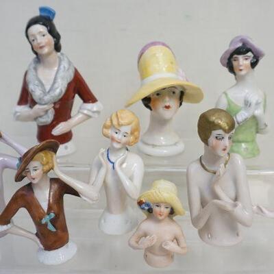 Ten (10) Vintage 1920-30s German Porcelain Half Dolls. Good Condition, 1 with hairline at waist. Tallest 4 1/4