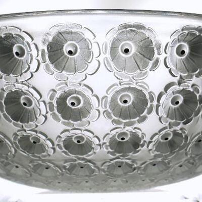 Large Rene Lalique Nemours or Cactus Flower bowl, frosted outer surface with graduated rings of flower heads having enameled centers....