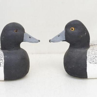 Two Wendell Sherman Carved Drake Bluebill Decoys. Both signed. Both 3/4