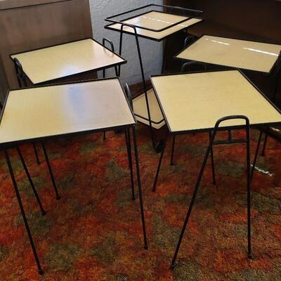 Coolest Set Of 4 With Original Stacking Cart Mid-Century 1960's Hairpin Stacking TV Tray Tables.