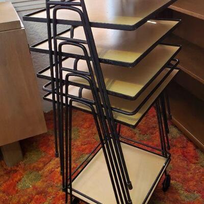 Coolest Set Of 4 With Original Stacking Cart Mid-Century 1960's Hairpin Stacking TV Tray Tables.