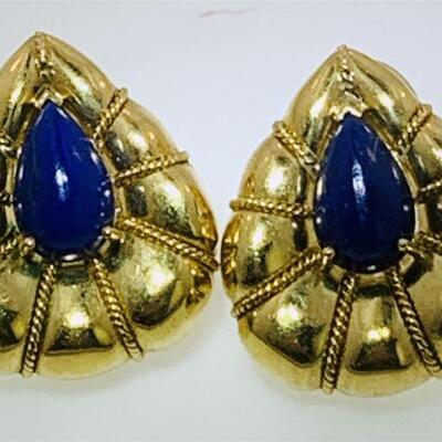 Large pair of 18kt gold pear shape lapis earrings. Each earring measures approx. 27.75 x 23.95mm (1.10